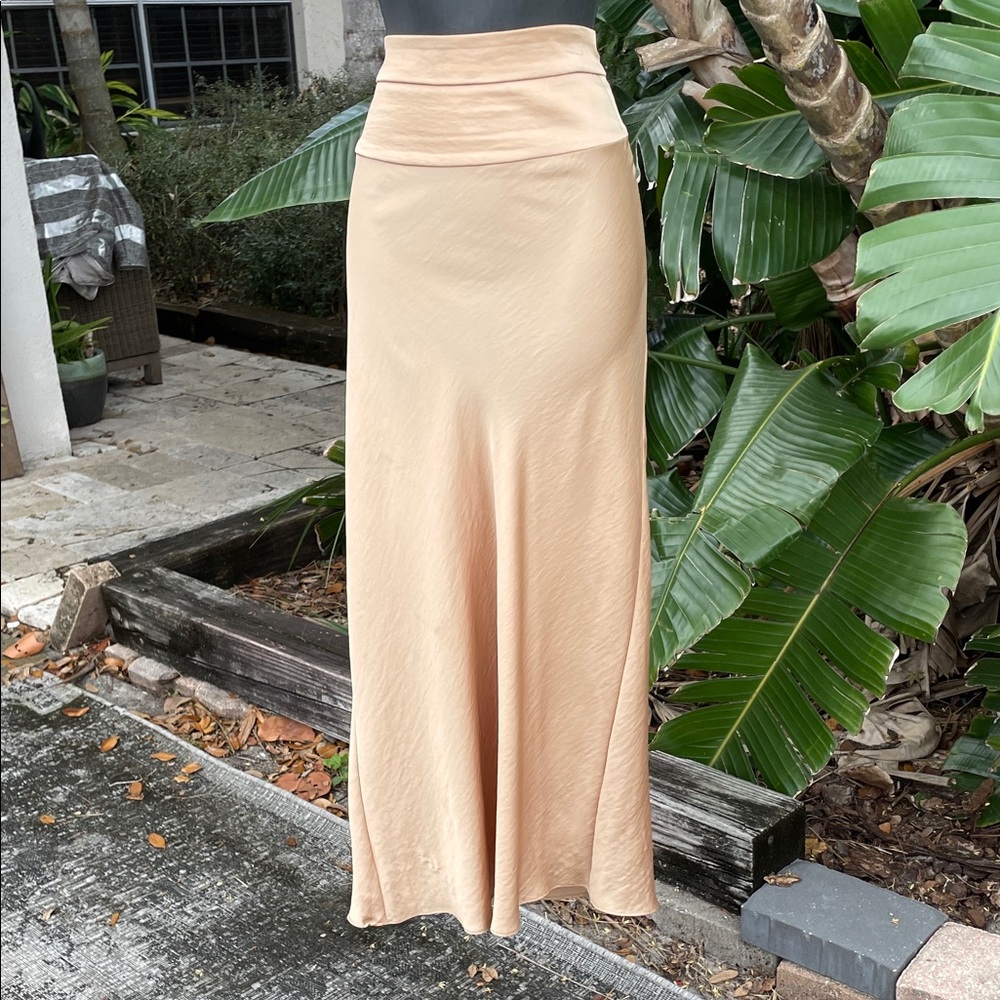 Drop waist molten gold, metallic bias, cut satin skirt